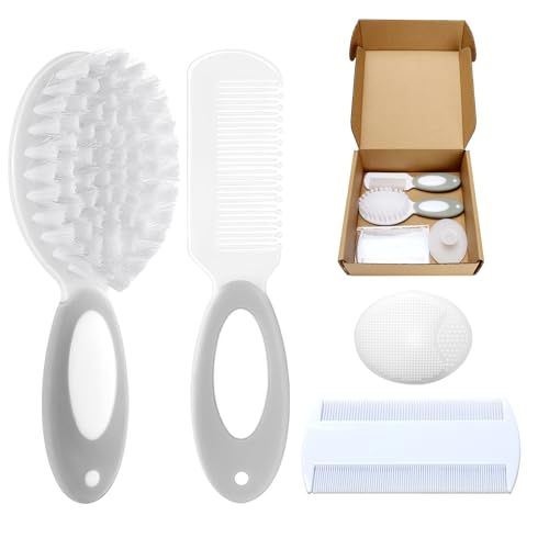 Image of Baby Hair Brush and Comb Set, 4Pcs Baby Soft Bristles Brush Cradle Cap Brush Hair Comb for Newborns Toddlers Boys Girls (Grey)
