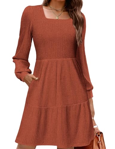 Zeagoo Kleid Damen A Linie Herbstkleid Langarm Elegante Kleider mit Taschen Puffärmel Dünnes Strickkleid Knielang Karamell L