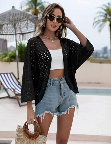 Image of Zeagoo Womens Summer Crochet Cardigan Sweaters Lightweight Open Front 3 /4 Sleeve Batwing Kimono Boho Knit Cover Ups 2026