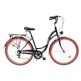 Fahrrad 28 Zoll - Bequemes Cityrad für Damen und Herren - mit 7-Gang Shimano Schaltung - Komfortabler Tiefeinsteiger für Stadt und Pendler - Dallas City - Schwarz mit Rot