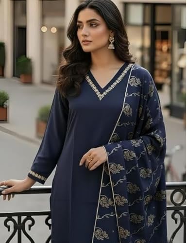 Image of Women's Blue Color Polyester Kurta Set with Pant & Dupatta | 3-Piece Suit