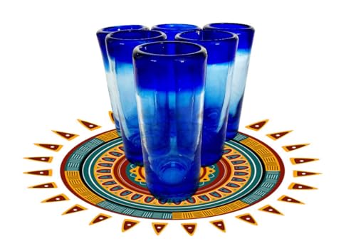 TDL-Brand Hand Made Mexican Style Tequila Shot Glasses – Set of 6 Cobalt Blue Rim Shot Glasses 3oz - Hand Crafted