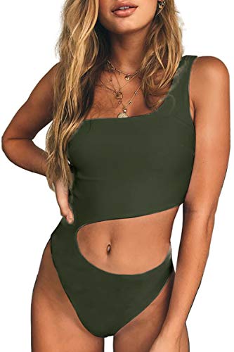 CHYRII Women's Sexy Cut Out One Shoulder High Cut Cheeky One Piece Swimsuit Army Green S