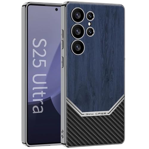Image of TechTrendz Shockproof Electroplated Ultra Luxurious Vintage Wooden Grain Texture Leather Back Cover Case for Samsung Galaxy S25 Ultra 5G Carbon Fiber Camera Protection Business Cover (Blue)
