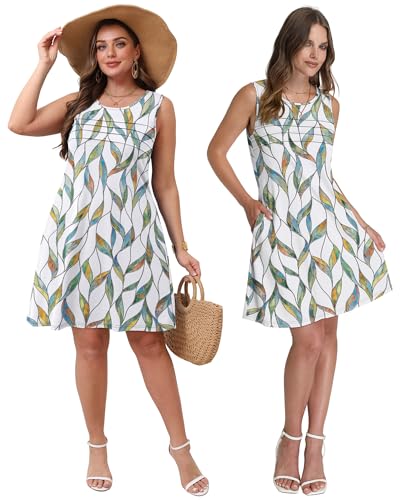 Image of OFEEFAN Womens Pleated Front Tank Dresses Fashion Spring Sleeveless Pockets Sundress Casual Summer