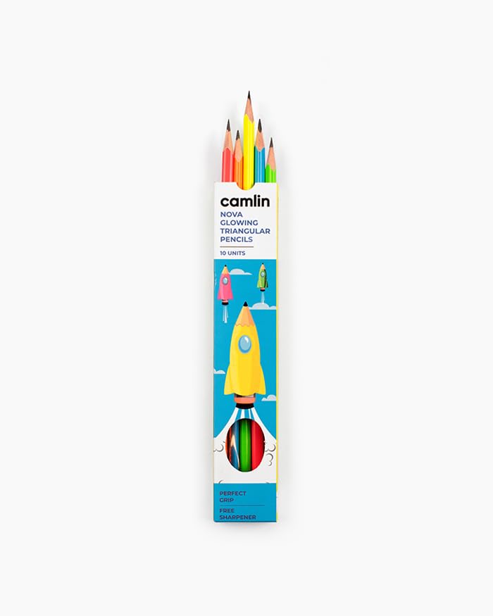 Image of Camel Nova Glowing Pencils - Pack of 10 | Extra Dark Graphite Lead for Smooth Writing & Shading | Ideal for Board Exams, Competitive Tests, School, Office & Art Use