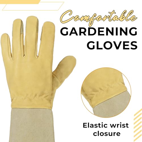Image of HANDLANDY Rose Pruning Gardening Gloves for Men Women, Thorn Proof Forearm Protection Leather Garden Gloves, Gardening Gifts for Gardeners (Vanilla, Large)