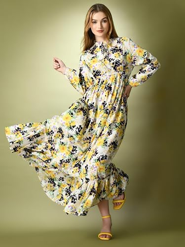 Image of KZULLY | Floral Printed Maxi Dresses for Women | Long Sleeve Beautiful Floral Patterns | Stylish and Elegant Dress | Tie Neck