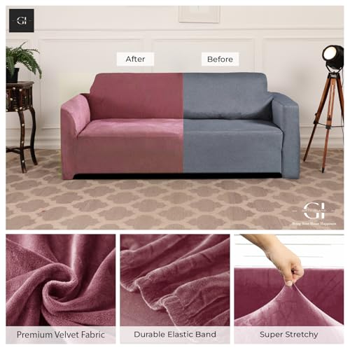 Image of Gifts Island Premium Velvet Sofa Cover 3 Seater and 2 Seater Fully Covered Universal 5 Seater Sofa Cover Non-Slip Sticky Elastic Stretchable Slipcover (Velvet Onion)