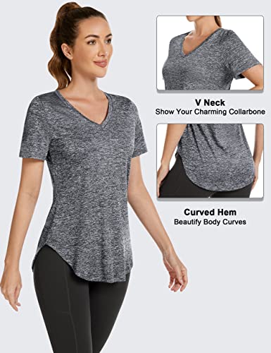 Yoga Shirts For Women Breathable Hiking T Shirt V Neck Workout Stretch Tees Active Workout Tops Grey #TOP1