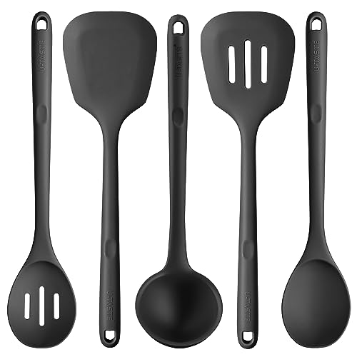 U-Taste Extra Long Silicone Kitchen Utensils, 5 Pcs 230℃ Heat Resistant Food Grade Cooking Tools Non-Stick Silicone Spatula Turner Spoon Set for Mixing Serving Frying Stirring Draining (Black)