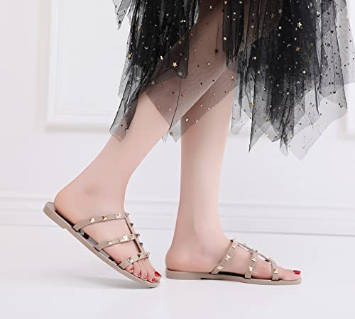 Image of Women Flats Sandals, Studded Jelly Shoes Size 9 Red Dressy Summer Beach Rivets Strappy Jellies Slide Slip On Open Toes