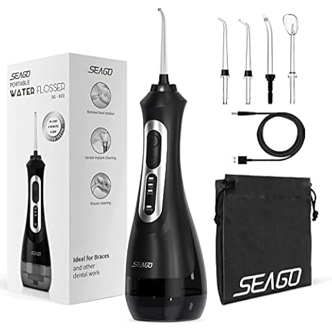 Seago Water Dental Flosser Oral Irrigator with 3 Modes，Cordless Water Teeth Cleaner with 5 Jet Tips，IPX7 Waterproof Rechargeable Portable Powerful Flosser for Teeth for Travel & Home Braces(833 Black Cover