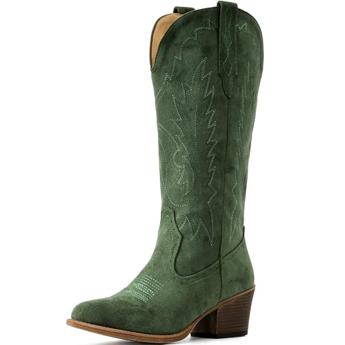Image of IUV Suede Cowboy Boots For Women Chunky Heel Pointed Toe Cowgirl Boots