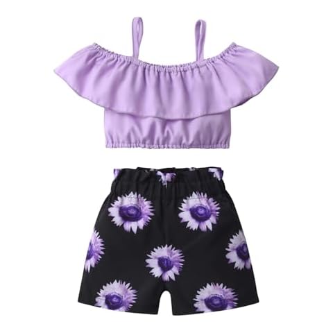 Eghunooy Toddler Girl Summer Clothes Ruffle Off Shoulder Crop Tops Sunflower Shorts Outfits Set (4-5T) Purple Cover
