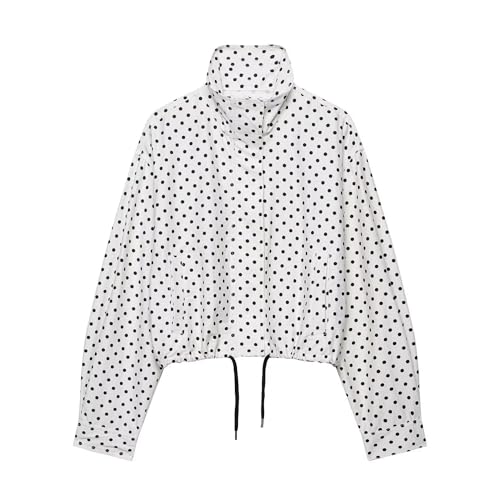 Xunger Women’s Polka Dot Jacket High Neck Long Sleeve Drawstring Hem Casual Trendy Cropped Coat with Pockets