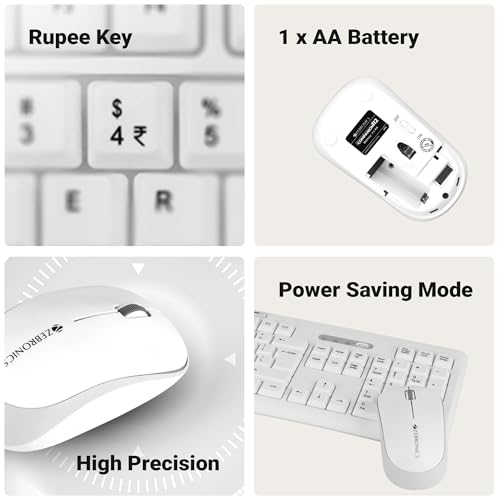 Image of Zebronics Wireless Keyboard & Mouse Combo, 112 UV-Printed Keys, ₹ Key, 8 Multimedia Keys, Retractable Stand, 3 Button Mouse, 1200 DPI, High Precision, USB Nano Receiver (Companion 112, White)