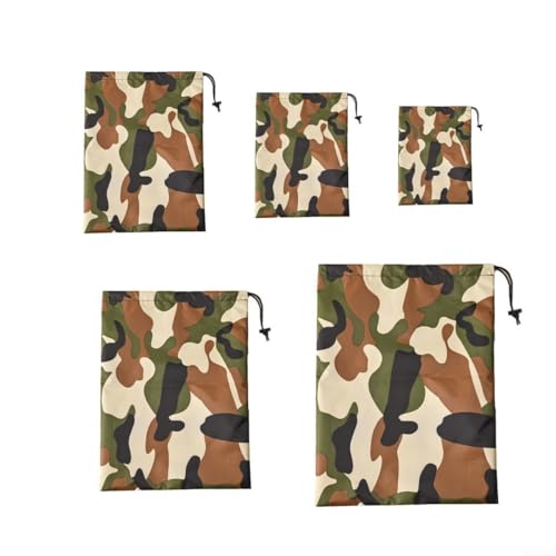 Vidonergy Lot de 5 sacs de rangement avec cordon de serrage pour le camping, la randonnée, le plein air, tissu enduit résistant à l'eau, 5 tailles (20 x 25 cm à 50 x 68 cm), camouflage