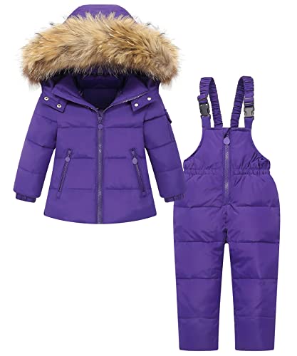 Disaur Baby Girl Snowsuit Down Jacket Toddler Girls' Windproof Snow Wear,Kids Coat Hooded With Warm Snowbib Pants Skiing Set (Purple,4-5T) #TOP20
