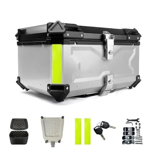 Baúl de moto, impermeable, para parte trasera de moto, con cierre de seguridad, para guardar cascos, de aluminio, para la mayoría de motos y maxiscooters (65 l, plateado)