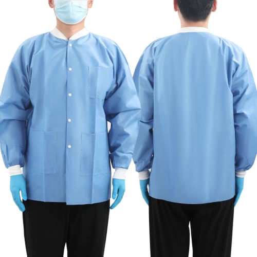 Image of JMU 10-100 Pack Disposable Lab Coats, SMS Disposable Medical Jackets | Disposable Lab Coats for Men and Women, Knit Cuffs Collar, 3 Pockets