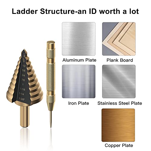 Hss Titanium Step Drill Bit 5Pcs,Hss Cobalt Multiple Hole 50 Sizes,Titanium Step Drill Bit Set With Automatic Center Punch,High-Speed Metal Steel Drill Double Cutting Blades Perfect For Diy Hobbyists #TOP6