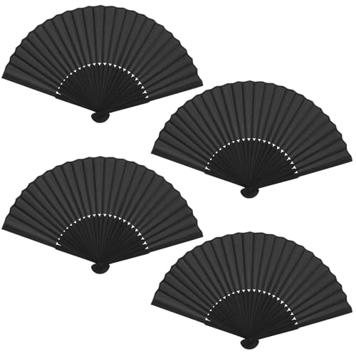 Leikedun Lot de 4 éventails chinois pliables en tissu de soie noire pour mariage, préférence, spectacle, danse, décoration de la maison