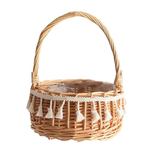 Osterkörbchen Mit Henkel, Rattan Gewebte Hochzeits Blumenkörbe Mit Griffen, Quaste Tragbarer Blumenkorb, Rattan Körbe Süßigkeitskorb, Für Flure, Wohnzimmer, Kinderzimmer, 20x20x25cm