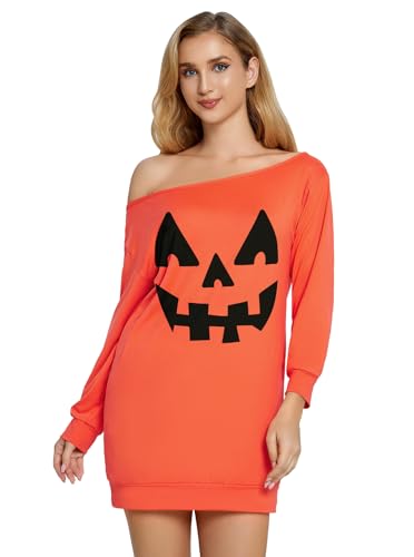Glimnerize Halloween Damen Skelett Druck Karneval Shirt Langarmshirt Oberteil Schulterfrei 3/4 Arm Schulterfreies Orange Smiley S