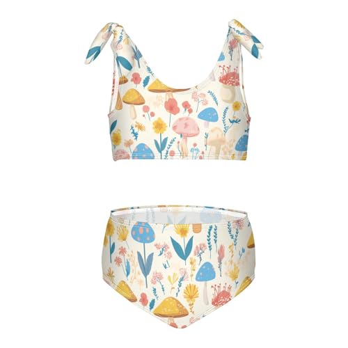 KLL Seamless Mushroom Flowers Girl Two Pieces Bikini Set Scoop Neck Bathing Suit Swimwear Adjustable Shoulder Strap