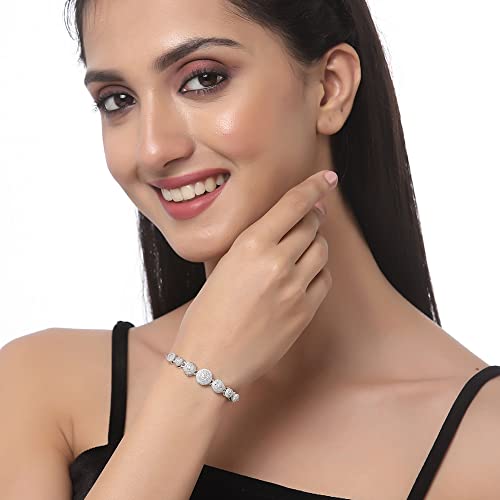 Image of ZENEME Set of 2 Rhodium Plated Silver Toned Crystals Contemporary Cubic Zirconia Brass Adjustable Bracelet For Women & Girls