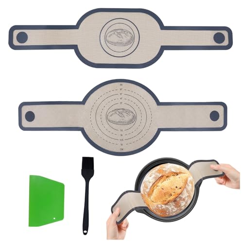 Primasage 2 Pièces Tapis à Pain avec 1 Raclette et 1 Pinceau à Pâtisserie, Élingue Pain Silicone peut Facilement Soulever le Pain de la Poêle, Idéal pour Faire du Pain au Levain