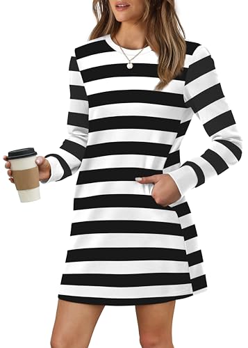 WIHOLL Women's Casual Dresses with Pockets Long Sleeve Black and White Striped Mini Dress Crewneck Trendy Fashion 2024 M