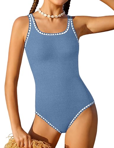 Image of Qaoerde Girls Swimsuit One Piece Swimsuits Solid Color Bathing Suit Colorful Contrast Trim Adjustable Straps Swimwear 9-16Y