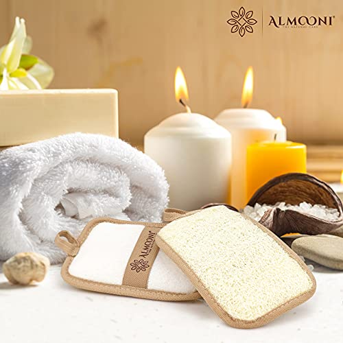 Almooni Premium Egyptian Exfoliating Loofah Pad Body Scrubber - Rectangular loofa Shape - Made with Natural Egyptian Shower lufa Sponge That Gets You Clean, Not Just Spreading Soap (2 Pack)