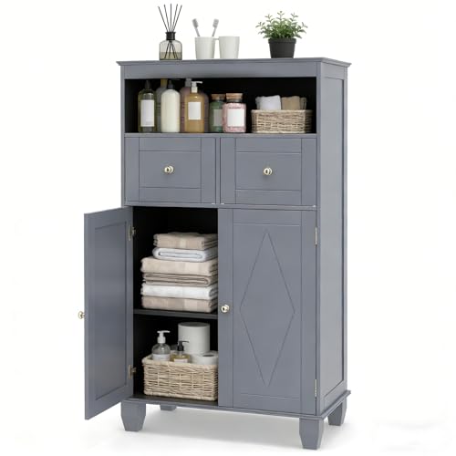 LIFEZEAL Meuble de Salle de Bain Moderne, Armoire de Sol Rangement avec 2 Tiroirs et 2 Portes, Compartiment Ouvert, Meuble de Rangement Autoportant en Bois...