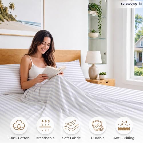 Image of SGI bedding 100% Egyptian Cotton Sheets Full XL Size - 600 Thread Count Sheets Set, Soft, Cooling, 15 inch Deep Pocket, Luxury Hotel Bedding, Breathable, Durable - White Stripe