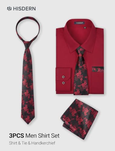 Image of HISDERN Mens Dress Shirt with Tie Pocket Square Set Classic Button Down Shirt Matching Tie Long Sleeve Shirts