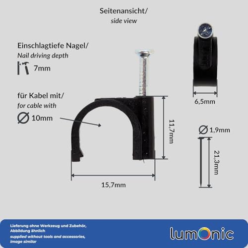 Lumonic 100x Nagelschelle 10mm für Kabel schwarz - Kabelschelle mit 22mm Nagel z.B. zur Befestigung an der Wand - Kabelklemmen verschiedene Größen 4-14mm