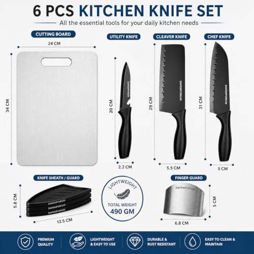 Image of Kitchen Knife Set 3 Pcs with Stainless Steel Cutting Board, Kitchen Scissors & Steel Finger Guard (6-Pcs Set) | Black Coated Blades with Covers | Vegetables, Fruits & Daily Kitchen Cutting uses