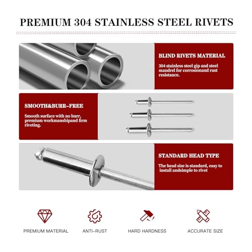 Image of 270 Pcs Stainless Steel Rivet Kit - 9 Sizes Stainless Rivets with 1 /8 inch 3 /16 inch1 /4 inch,Pop Rivets, Heavy-Duty Hand Rivet, Furniture, Sheet Metal, and DIY Repairs