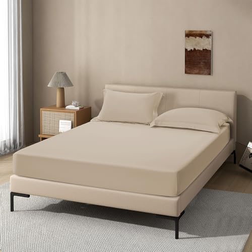 Image of Khaki Fitted Sheet,Full Size Taupe Fitted Sheet with Deep Pocket 18 inch,Ultra Soft & Breathable FittedSheet Easily Fits 18 inch to 24 inch Mattress