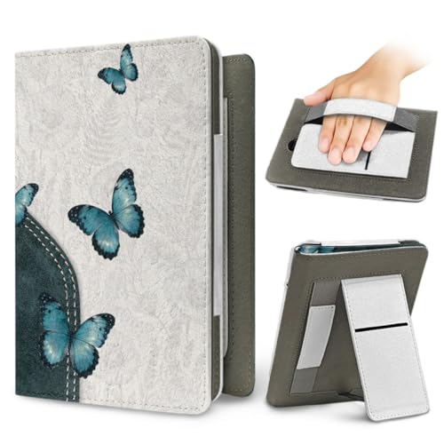 Treer Funda Kindle, Compatible con 6 6,8” Kindle Paperwhite Funda para Pocketbook & E Book Reader, Reposo/Despertar Automático, Cierre Magnético, Universal (Mariposa Azul)