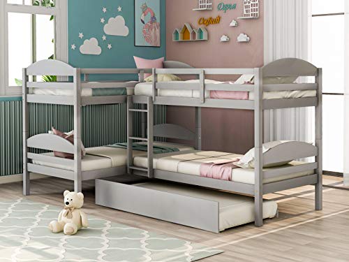 Four Bunk Bed Twin-Over-Twin-Over-Twin-Over-Twin L Shaped Bunk Bed with Trundle, Bunk Bed Can be Divided into 2 L-Shaped Beds for Accommodating 5, Family, Kids, Teens, No Box Spring Needed