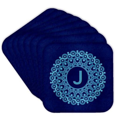 3dRose CST_32227_2 Monogram J Blue Hued Mandala on Royal Blue Muted Grunge Damask Soft Coasters, Set of 8