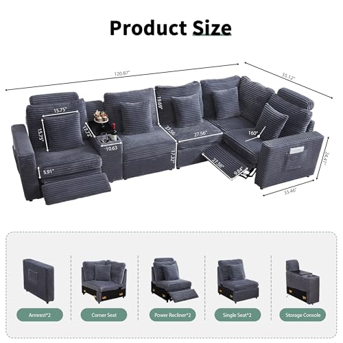 Image of RARZOE Oversized Modular Sectional Sofa with 2 Power Recliner, 5-Seater L-Shaped Corduroy Reclining Couch with Storage Console Charging Cup Holders, Fluffy Reclining Couches for Living Room,Grey