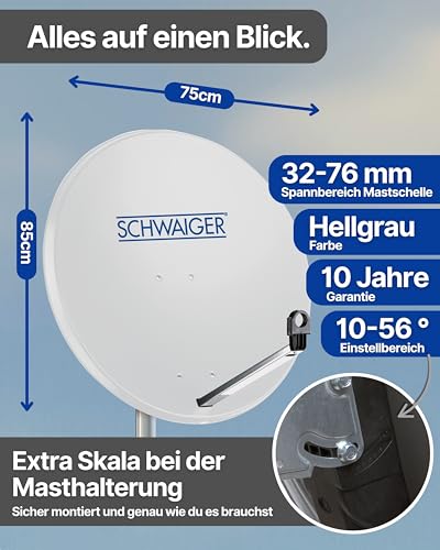 SCHWAIGER Satellitenschüssel Komplettset - Ø 80 cm Stahl Offset Antenne in Hellgrau - Inkl. sonnengeschütztes Quad LNB 4-Fach - Digital HD & 4K Empfang - Integrierte Kabelführung & wetterfest