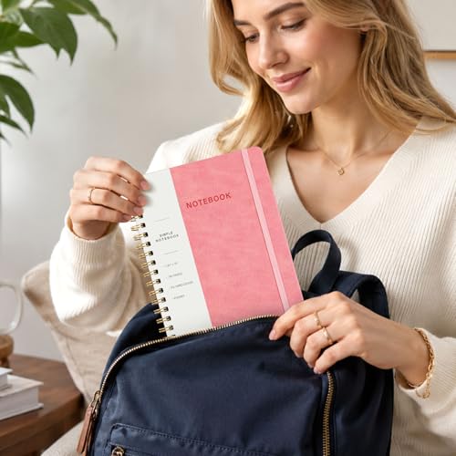 Image of Spiral Notebook - 7.24 inch x 10 inch College Ruled Journal with Inner Pockets and 180 Pages, PU Leather Cover Business Journal, Twin-Wire Binding Notebook Perfect for Office & Home School Supplies Pink
