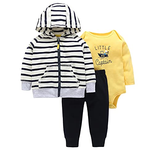 Infant Baby Boy Girl Winter Fall Clothes Long Sleeve Cute Cartoon Warm Cotton Sweatshirt Onepiece Romper+Long Pants+Hooded Coat Jackets 3pcs Causal Outfit Set Yellow Stripes 18-24 Months