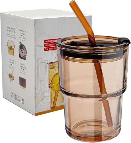 Image of KHOLAD Glass Tumbler with Anti-Slip Leather Sleeve Pack of 1, 400ml Drining Coffee Sipper with Lid and Glass Straw for Iced Tea,Smoothie, Cocktail Indoor & Outdoor Cup (Amber)